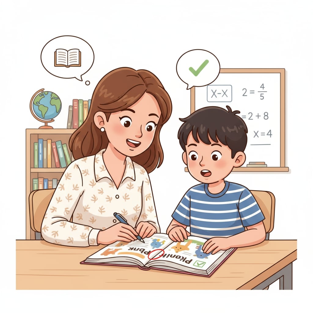 A teacher assessing a student's reading ability A teacher evaluating a student's skills as part of youth education, basic literacy, and teaching plans