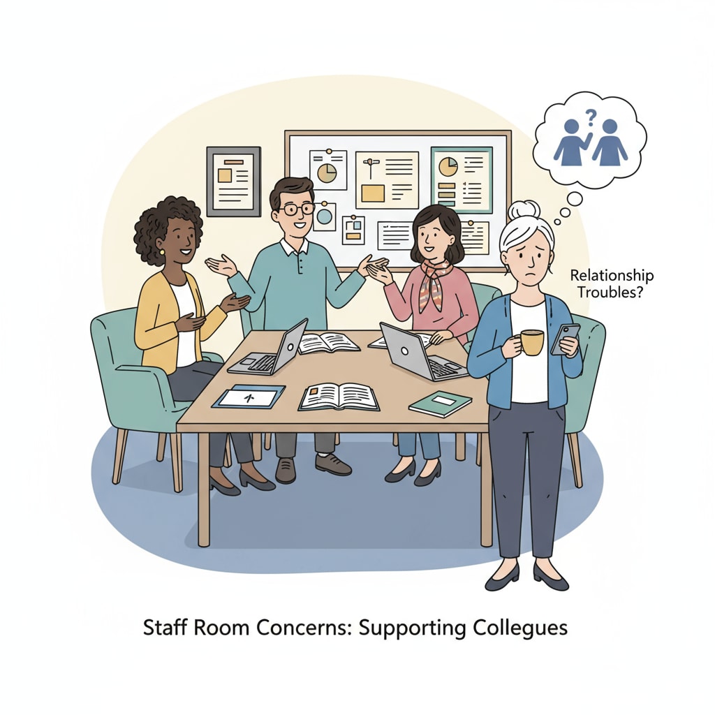 A group of educators chatting in the staff room, with one looking worried as if dealing with relationship issues Educators in the workplace facing relationship troubles related to family boundaries and children's behavior