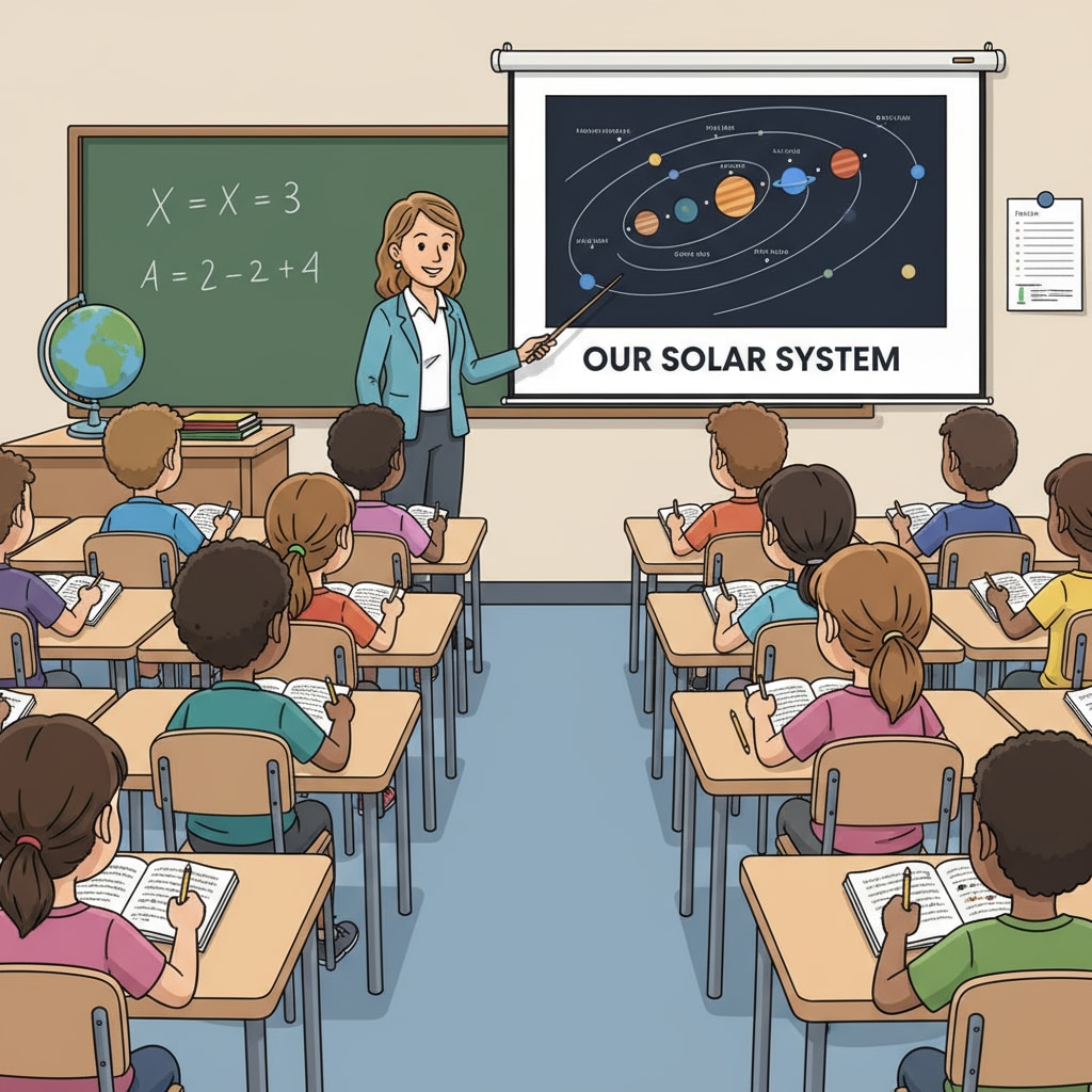 A classroom scene where students are sitting at their desks, looking at the teacher at the front and listening attentively during a lecture. Students paying attention during a lecture in K12 education