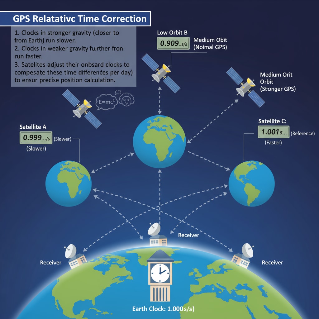 A simple graphical representation showing how GPS satellites in different gravitational fields need to account for time differences to maintain accurate location tracking. Diagram of GPS satellites and the effects of time dilation due to gravity