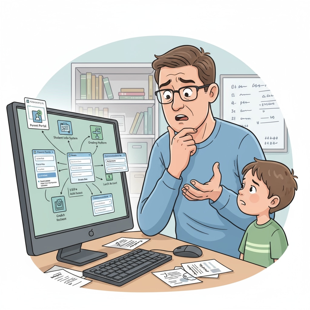 An illustration showing a parent looking confused while trying to understand school account systems on a computer screen. A parent confused by school account systems Peachjar and Securely
