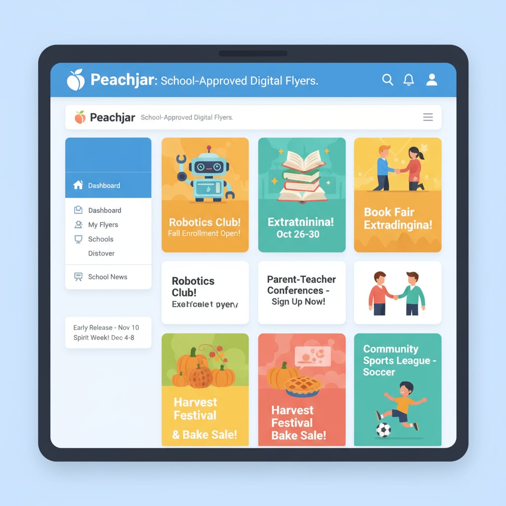 A screenshot of the Peachjar interface highlighting school announcements and flyers. Screenshot of Peachjar interface for school communication