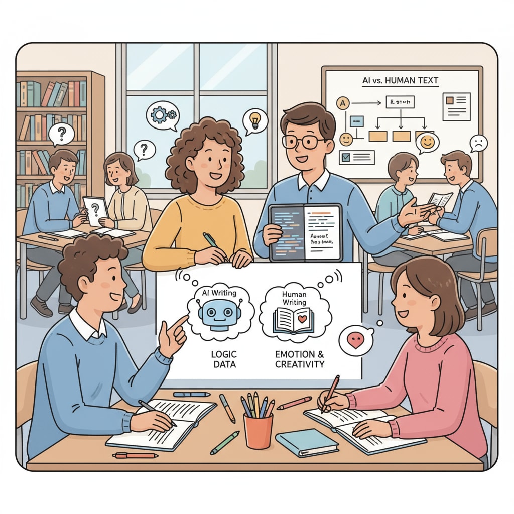 A classroom scene where students are discussing AI writing and authenticity. Students are gathered in groups, talking animatedly about the differences between AI and human writing, with notebooks and pens in hand. Classroom discussion on AI writing, authenticity, student assignments, and writing styles