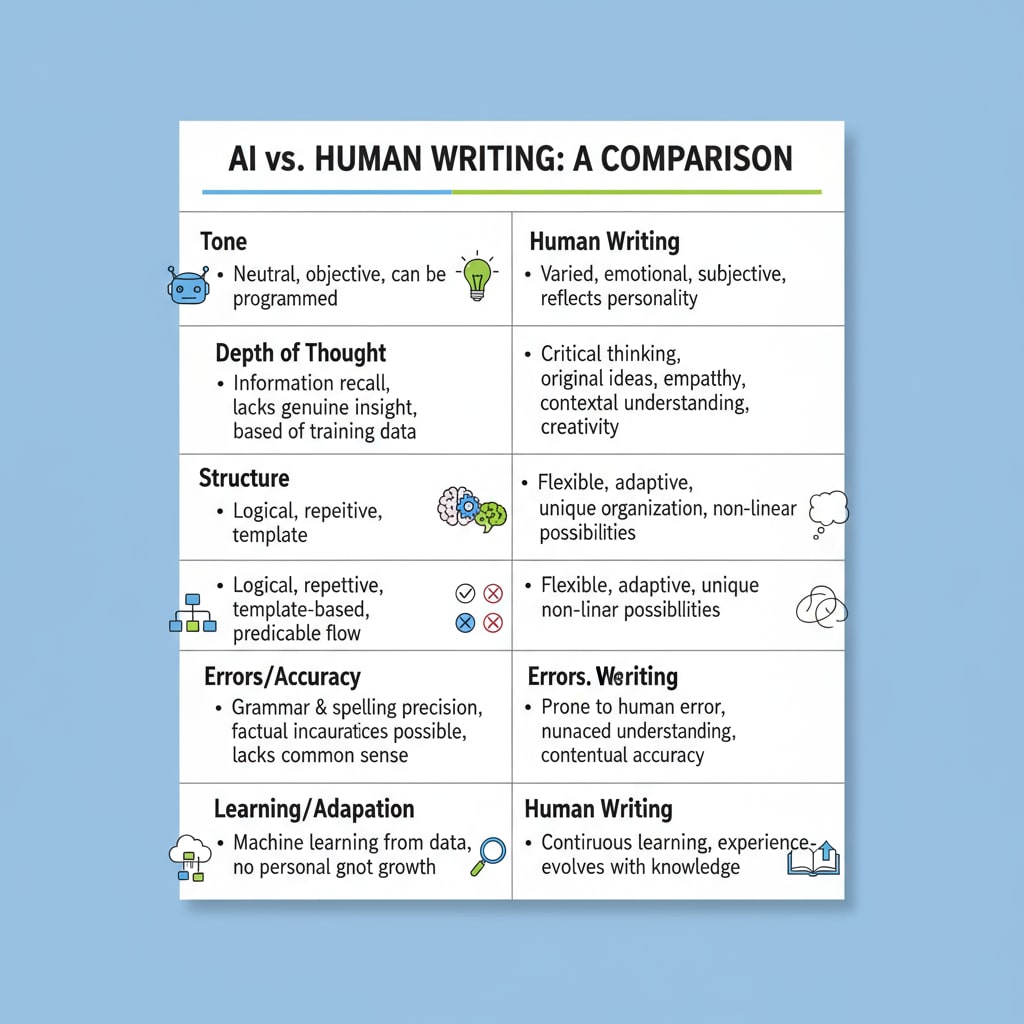 A comparison chart of AI and human writing characteristics. The chart lists features such as tone, depth of thought, and structure for both AI and human writing. Comparison of AI and human writing characteristics related to authenticity, student assignments, and writing styles
