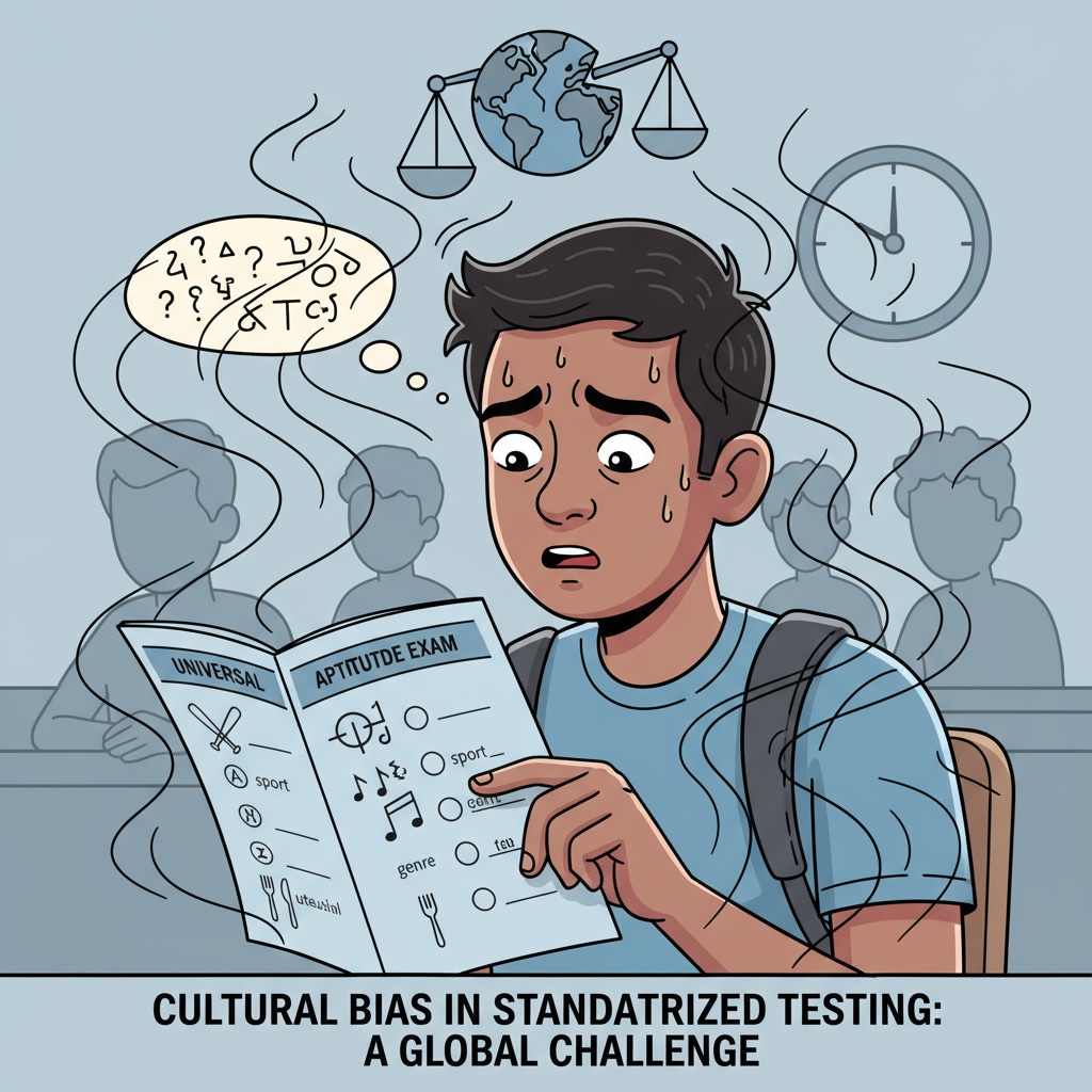 A close-up of a student looking stressed while taking a standardized test booklet, emphasizing the pressure and potential unfairness due to cultural bias in the testing system. Student taking a standardized test in the American education system with cultural bias implications