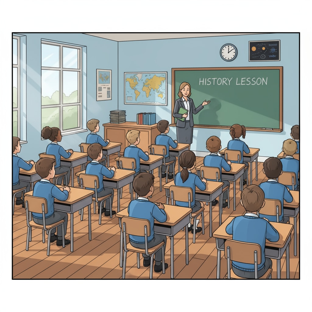 A classroom with students sitting quietly at their desks, listening intently to the teacher, which is a common sight showing the obedience aspect within the school system. A classroom scene depicting obedience in the school system related to the concepts of school system, obedience, curiosity, and real learning