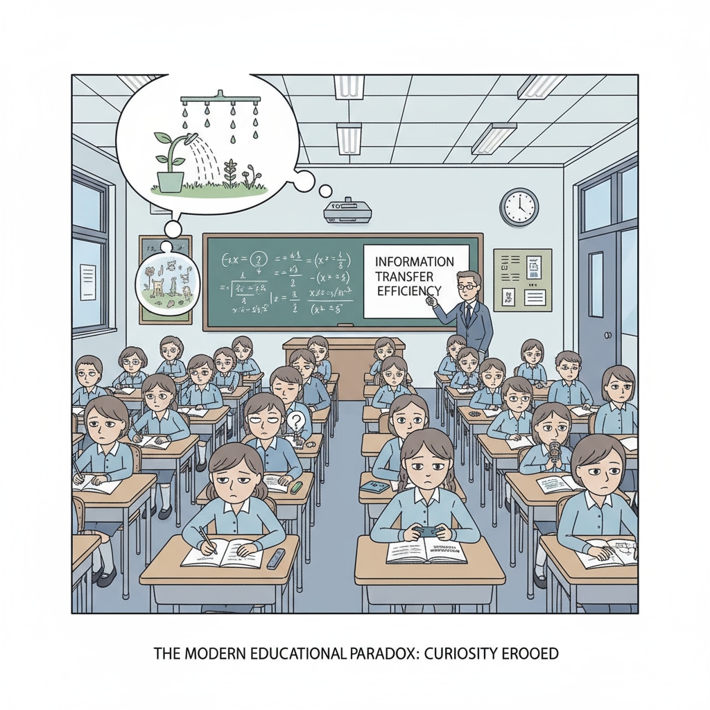 A classroom where students have bored expressions on their faces, indicating the loss of curiosity caused by the modern education system. A classroom scene highlighting the loss of curiosity in relation to school system, obedience, curiosity, and real learning