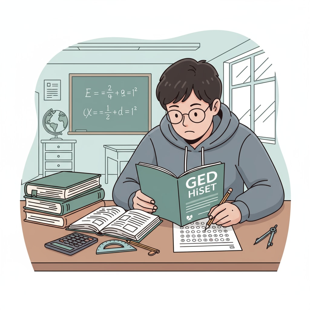 A person sitting at a desk, focused on taking a GED or HiSet test. Person taking GED or HiSet test in adult education