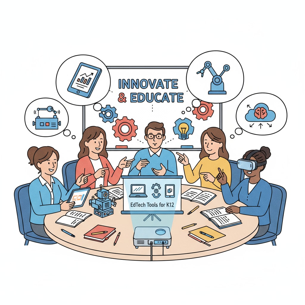 A group of K12 teachers is engaged in a discussion about new educational technology tools during a seminar. They are looking at some demonstration materials and sharing their thoughts. K12 teachers discussing educational technology adoption through information channels