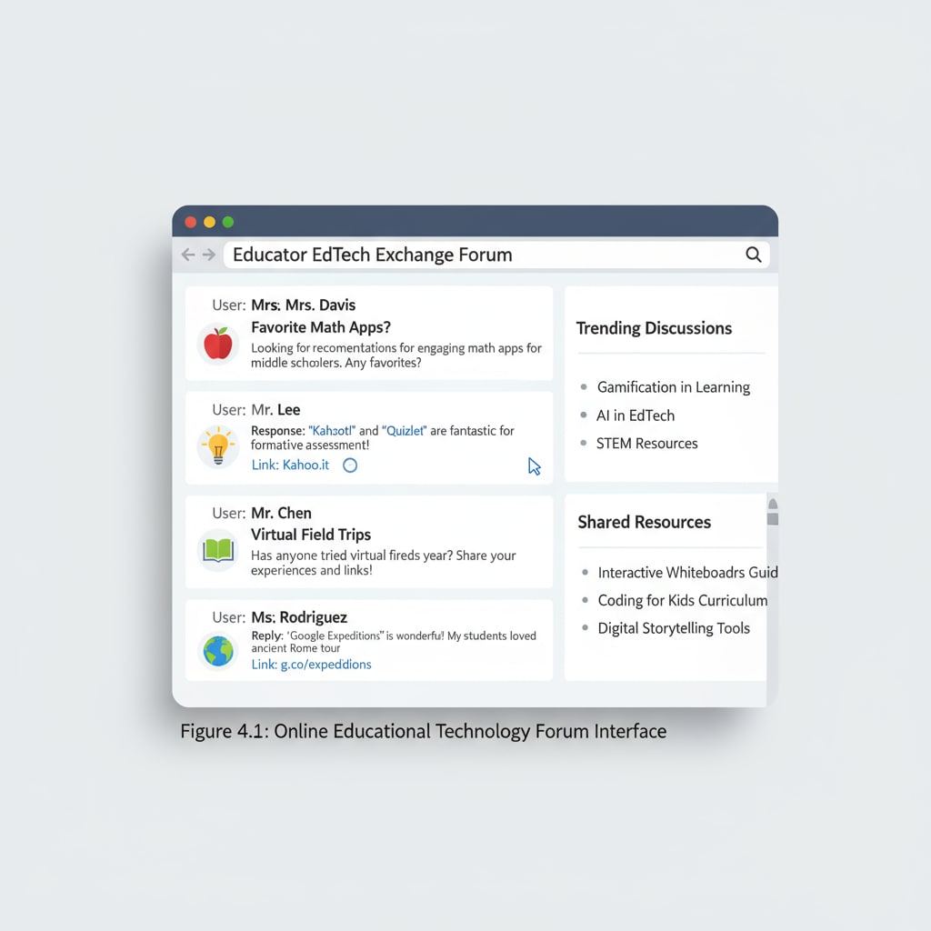 A screenshot of an online educational technology forum shows teachers posting messages, sharing links to useful resources, and discussing their experiences with different educational tools. K12 teachers sharing information about educational technology adoption on an online forum