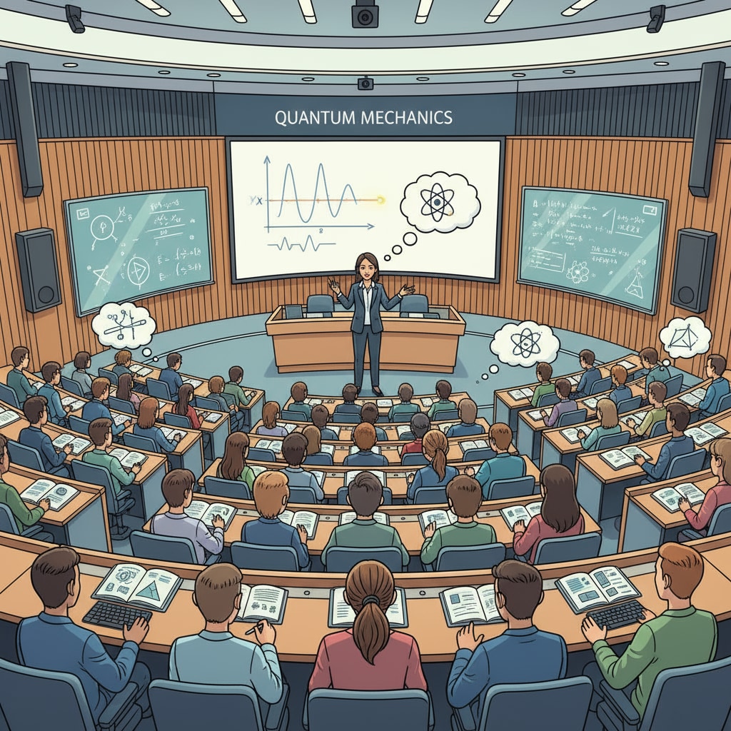 Students are attentively listening to a professor's lecture in a large university hall. The hall is equipped with modern teaching facilities, and the students are taking notes. Students attending a lecture in a university hall related to higher education and career preparation