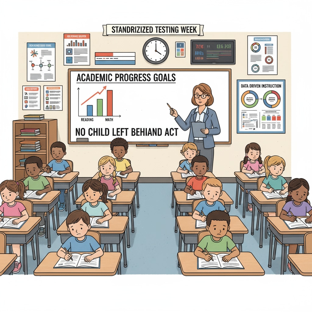 A classroom scene with students and teacher, showing the educational environment affected by the NCLB Act. Classroom scene depicting the impact of NCLB Act on education accountability and school change.