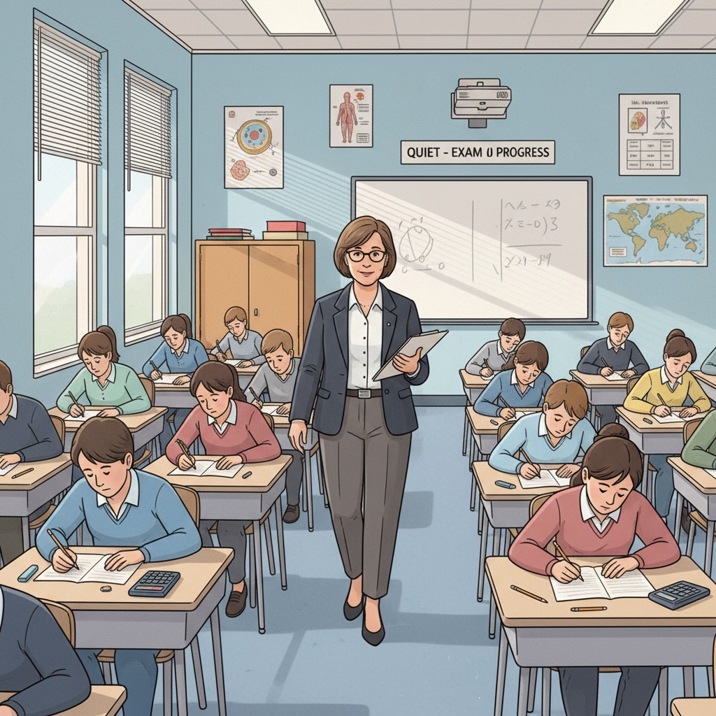 A test proctor is walking around the classroom, observing students during an exam. A test proctor observing students during an exam, related to test proctoring work experience and the position in K12 education