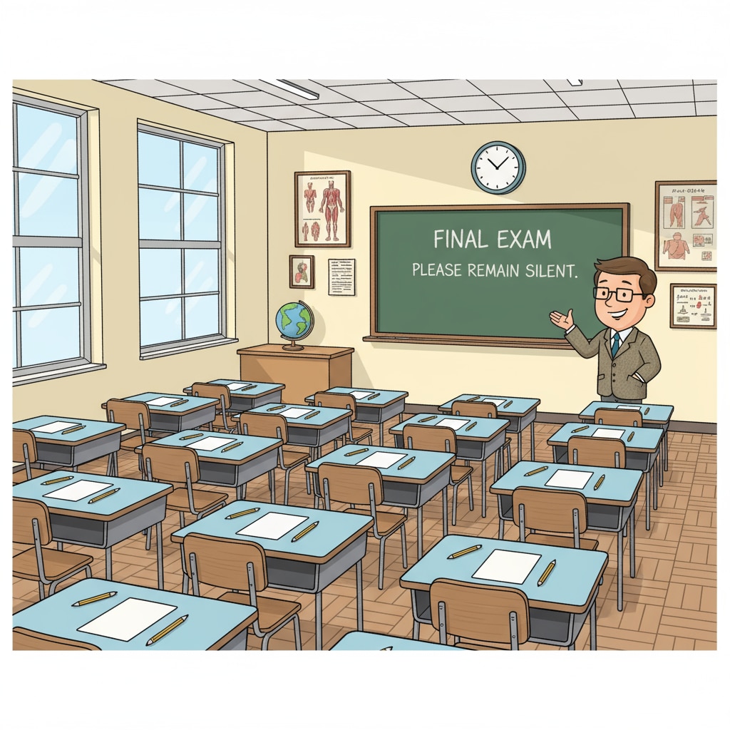 A classroom is set up for a test with desks neatly arranged in rows. A classroom set up for a test, highlighting the environment related to test proctoring work experience and the position in K12 education
