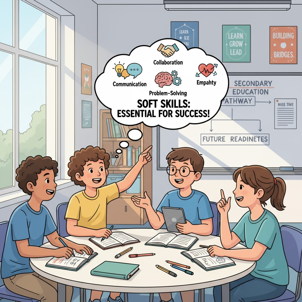 A group of middle school students engaged in a lively discussion in a classroom, representing the importance of soft skills development in secondary education. Middle school students discussing in a classroom related to soft skills, secondary education, and critical thinking