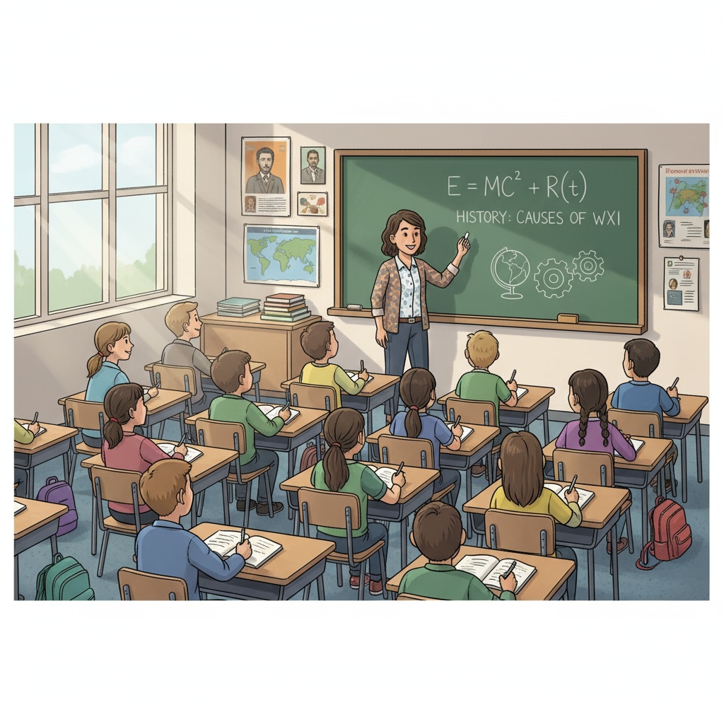 A teacher writing on the blackboard while students are attentively listening, depicting the traditional academic focus in secondary education. Teacher teaching in a classroom relevant to soft skills, secondary education, and critical thinking