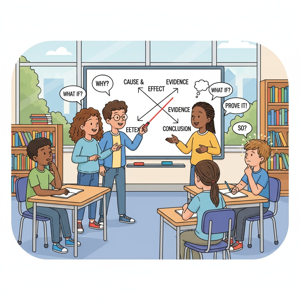 A group of middle school students are engaged in a lively discussion, with some pointing at a board and others listening attentively, showing the process of critical thinking. Middle school students developing critical thinking skills for workplace readiness