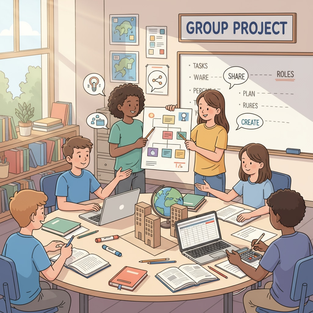 A group of middle school students are collaborating on a group project. They are sharing materials, discussing ideas, and dividing tasks, demonstrating communication and collaboration. Middle school students practicing communication and collaboration skills for workplace preparation