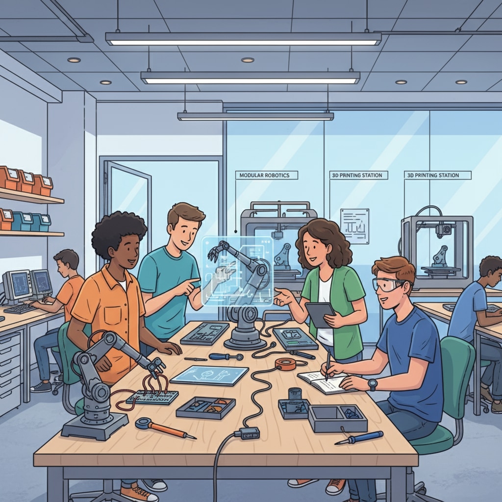 A group of students are engaged in a discussion about engineering projects in a modern, non - traditional learning space with open workbenches and advanced equipment. Students discussing engineering projects in a non - traditional learning environment for education alternatives in engineering and computer science