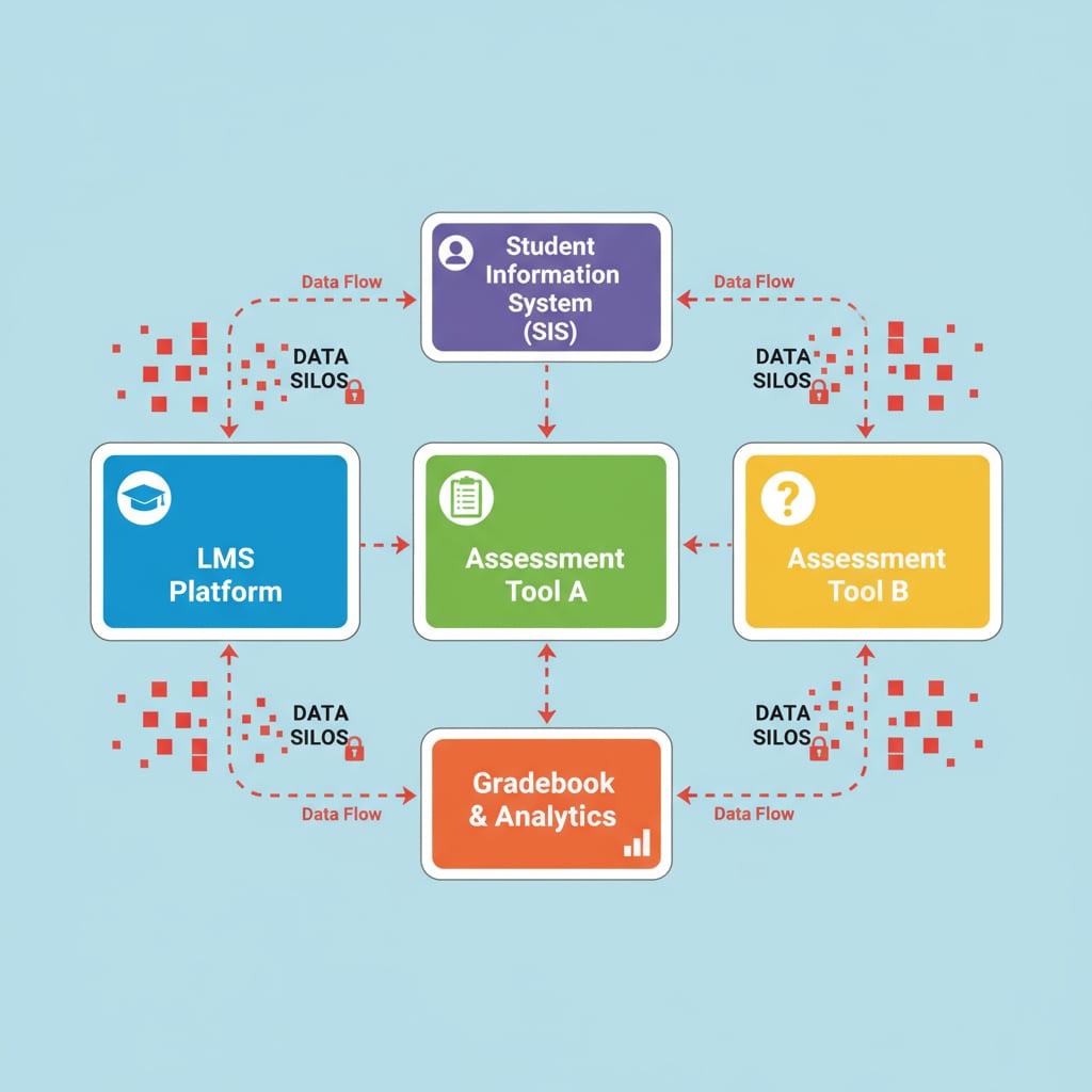 The image shows multiple educational platforms like learning management systems, assessment tools, etc. with data flowing separately, creating data silos. Visual representation of data silos in K12 education related to AI learning center and student data integration