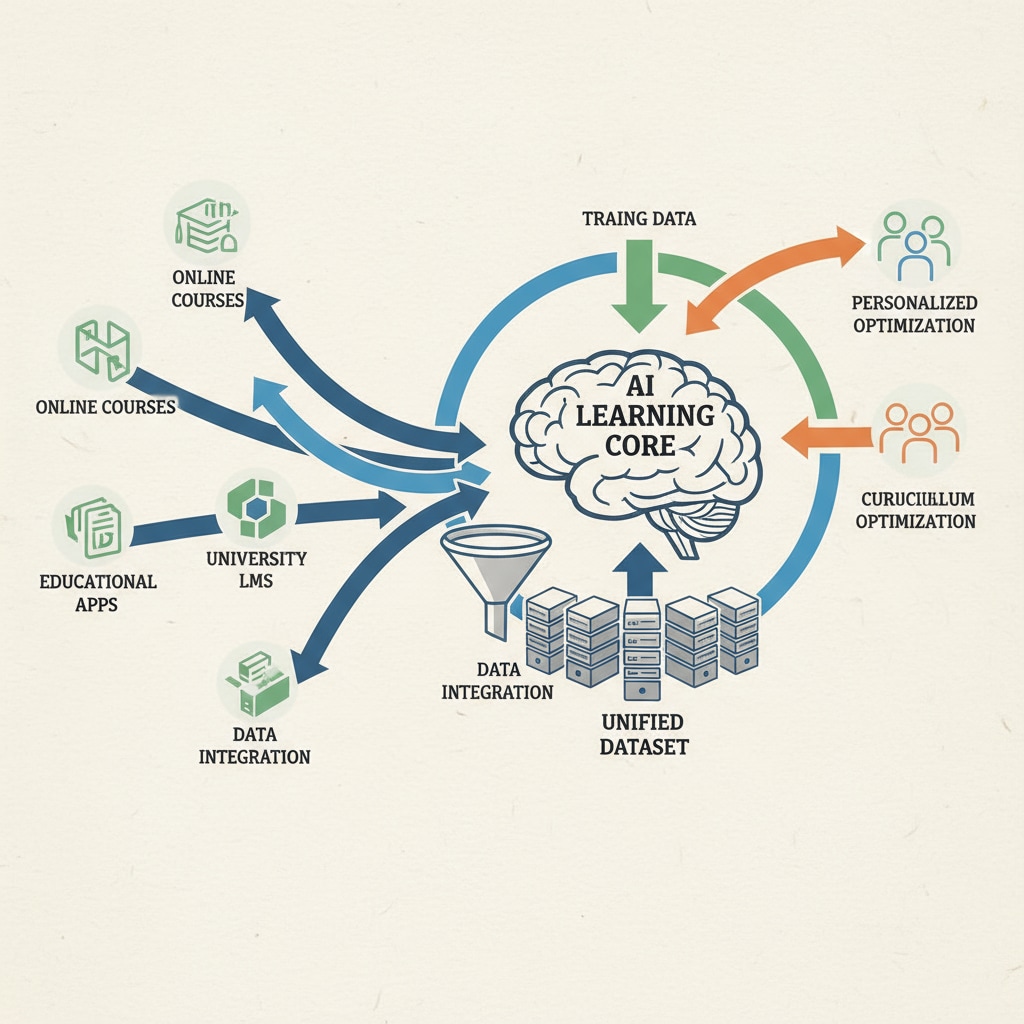 A diagram depicts an AI learning center with arrows collecting data from various educational platforms and integrating it into a single, unified dataset. Diagram showing the data integration process by an AI learning center for student data and teaching insights
