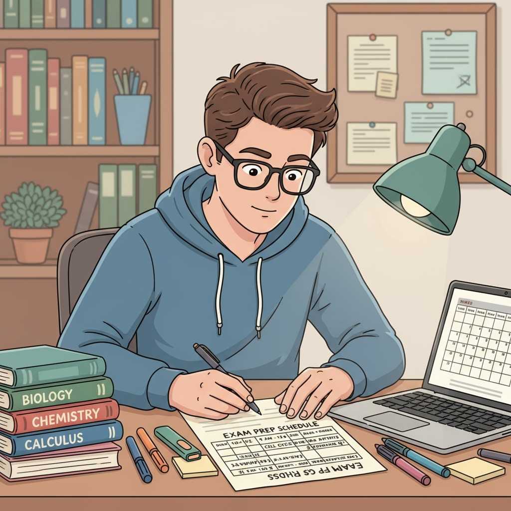 A student is looking at a study schedule written on a piece of paper, planning their exam preparation. A student creating a study schedule for effective time management during exam preparation