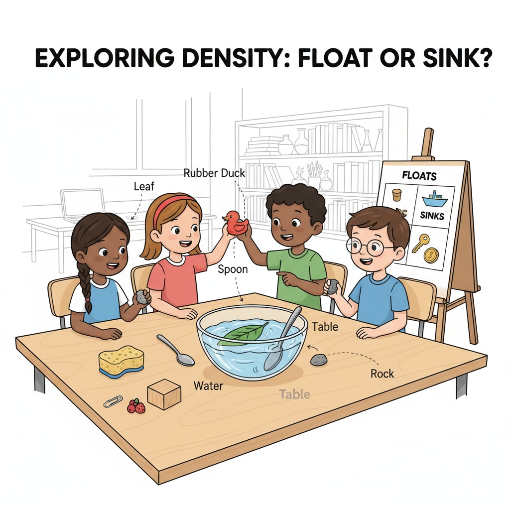 A group of young students are gathered around a table, looking at different objects being dropped into a bowl of water to observe if they float or sink. Students conducting a float or sink science experiment for a science exhibition