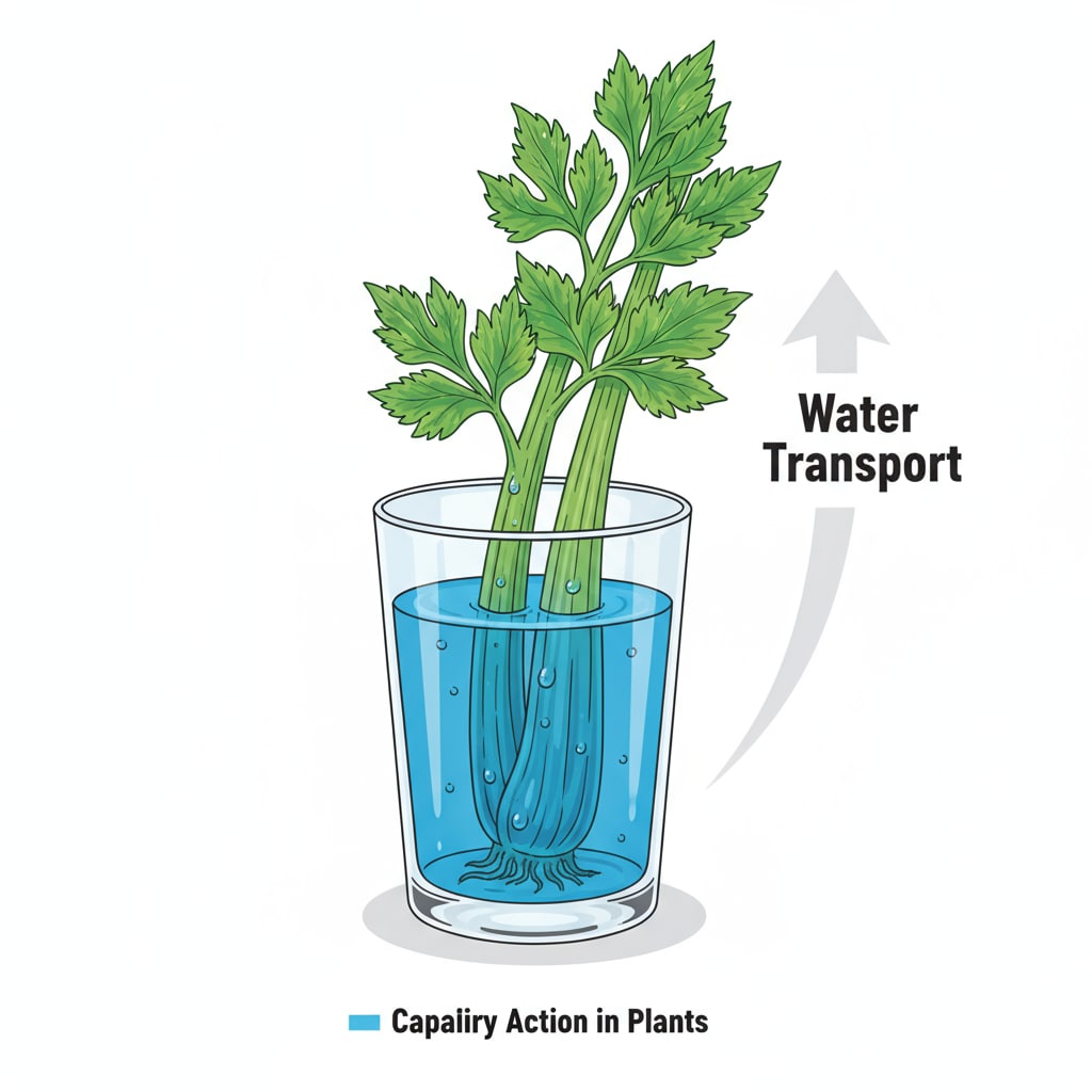 A glass of water with bright food coloring contains a celery stalk, and the celery has started to absorb the color, showing the process of water transportation in plants. A color - changing celery experiment for primary school students in a science exhibition