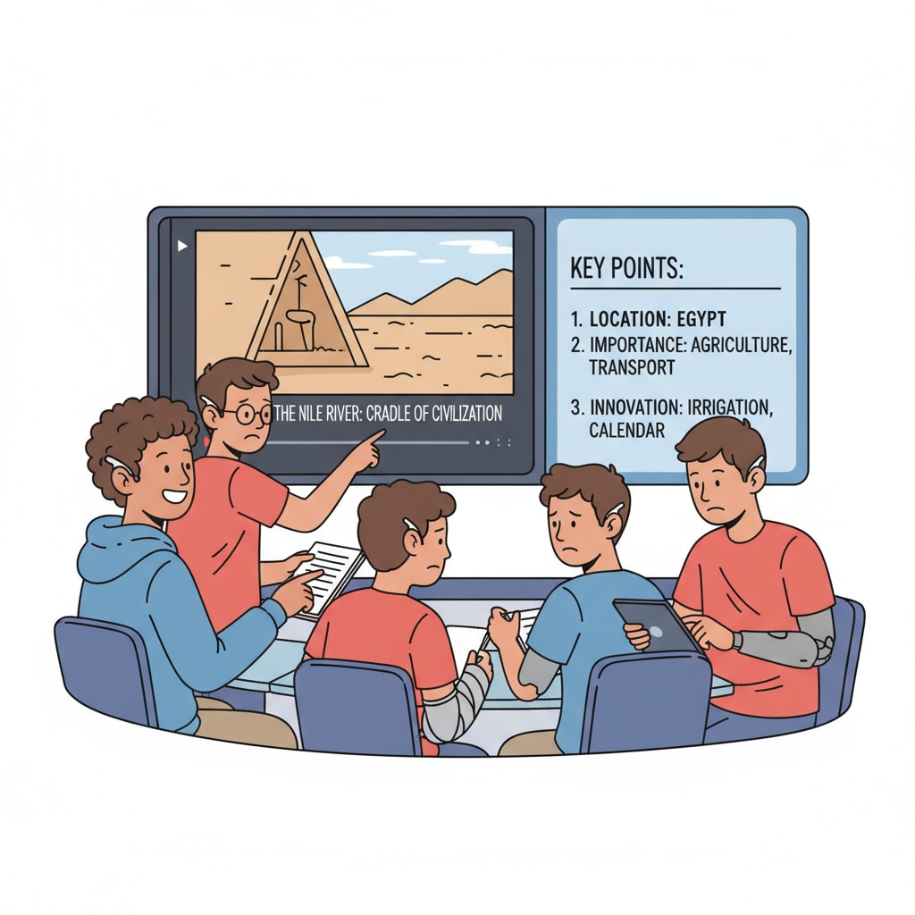 The illustration shows different students, some wearing hearing aids and some struggling with notebooks, all looking engaged while watching a video with subtitles and a summary on the screen. This represents how AI-generated features are helping students with various learning needs in a video teaching environment. Students benefiting from AI in video teaching for learning equity