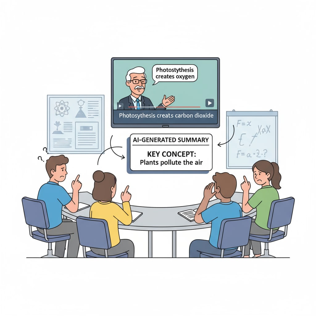 The picture shows a group of students scratching their heads and looking puzzled as they watch a video with incorrect subtitles and a misleading summary. It depicts the negative impact of inaccurate AI-generated content on students in a video teaching situation. Students facing challenges due to inaccurate AI content in video teaching for learning equity
