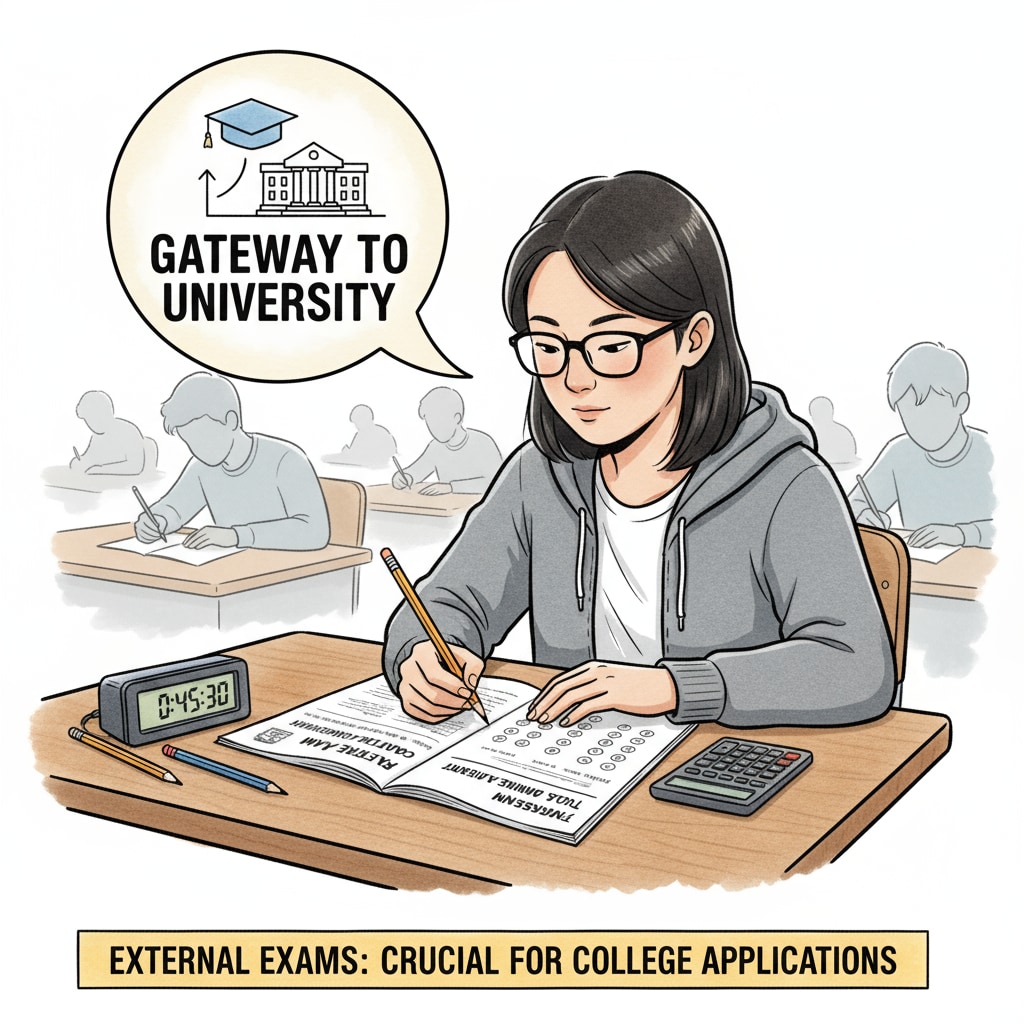 A student is sitting at a desk, concentrating on taking an external exam, highlighting the importance of external exams in the college application process. A student taking an external exam relevant to academic rigor, external exams, and college applications