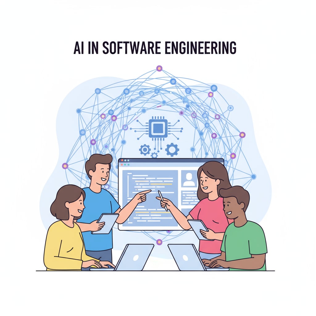 A group of students are collaborating on a software project. There is an AI - inspired graphic, like a neural network diagram, in the background, representing the integration of AI in software engineering. Software engineering students collaborating on a project with an AI element