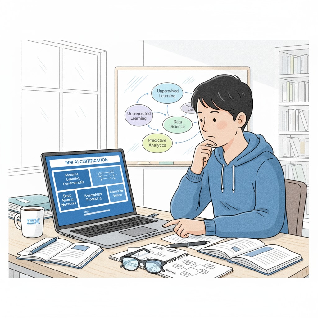 A person is sitting at a desk, studying an IBM AI certification course material on a laptop. The screen shows AI - related concepts and learning modules. Person studying IBM AI certification course material