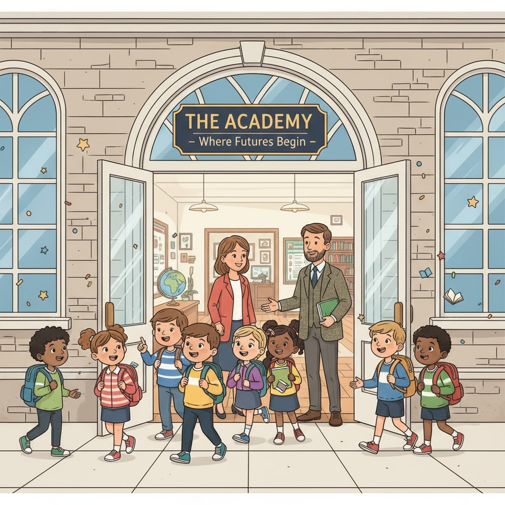 A group of children walking into a modern private school building, showing the start of a new educational journey. Children entering a private school, related to educational choice and child adaptation.