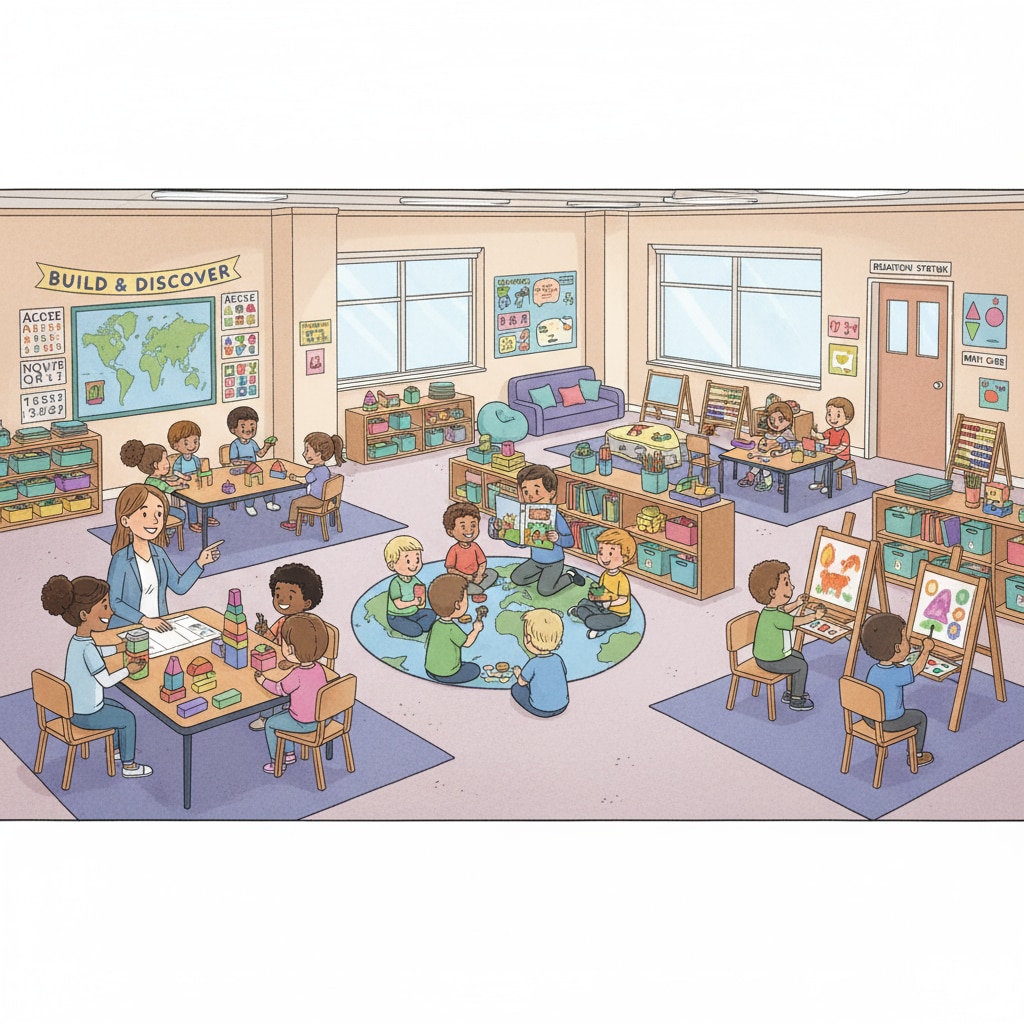 Children playing and learning in a private preschool classroom, highlighting the learning environment in early private education. Preschoolers in a private school, connected to private school education and child adaptation.