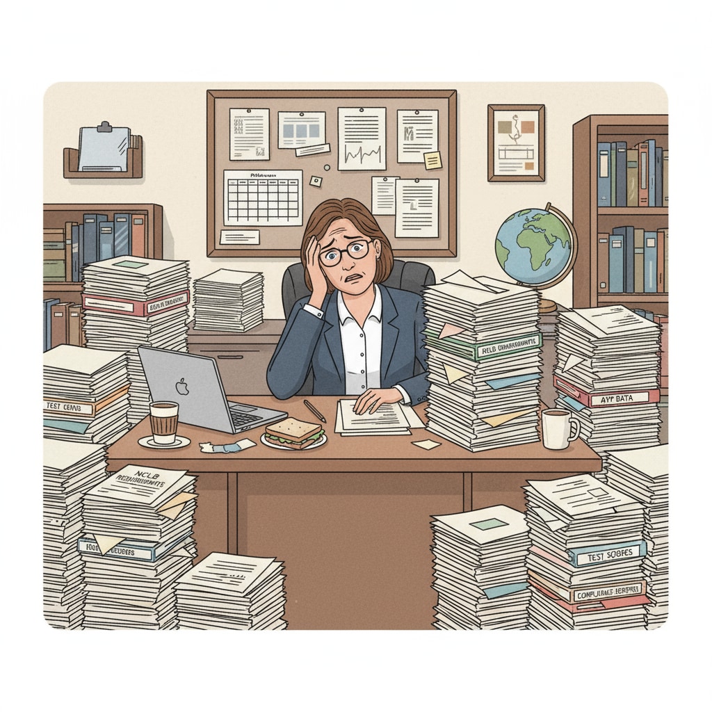 A principal is sitting at a desk in an office. There are stacks of papers related to NCLB requirements surrounding the desk, and the principal looks worried. A stressed principal in an office dealing with NCLB - related paperwork, showing the principal's dilemma in the context of education accountability