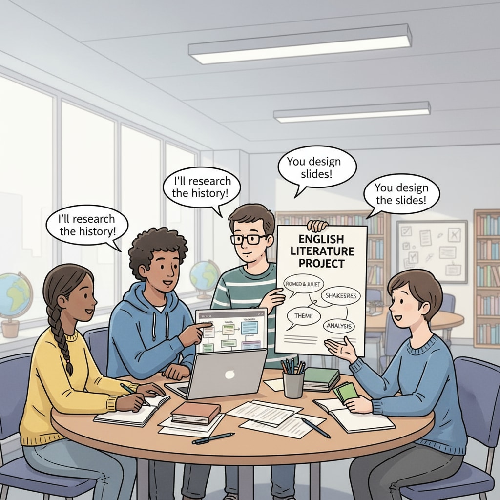 A group of students are gathered around a table, discussing and working on an English project. They are sharing ideas and dividing tasks. Students collaborating on an English project as part of creative classroom activities for improved learning abilities