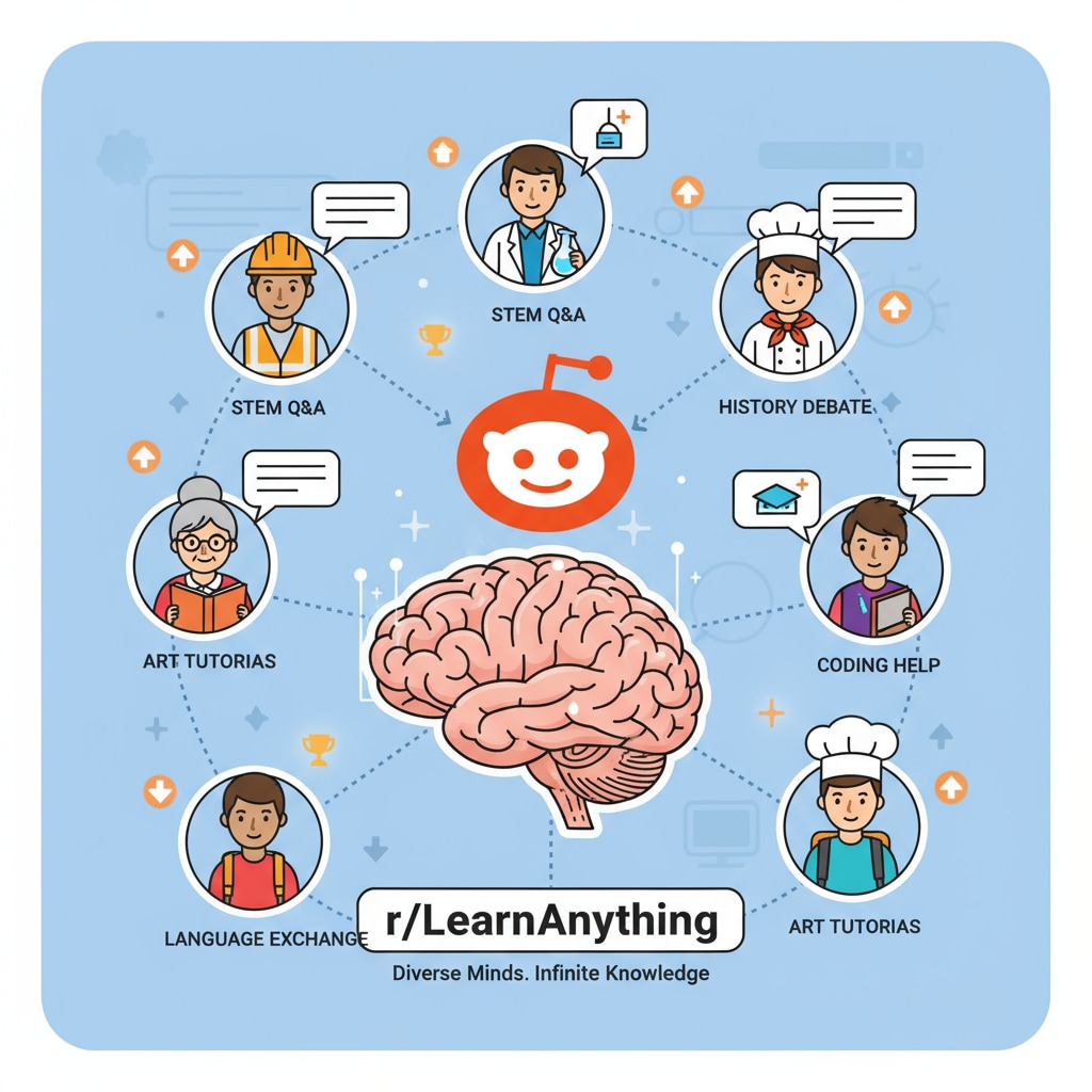 An illustration depicting people from various walks of life having educational conversations on the Reddit platform, highlighting the diverse nature of the educational community. People engaging in educational discussions on Reddit's educational networks and subreddits