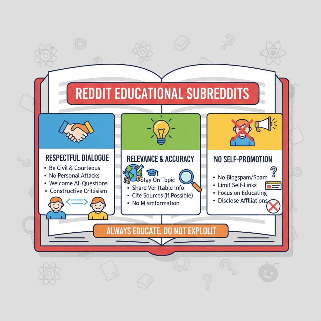 A graphic that clearly displays the main rules of Reddit's educational subreddits, including respect, relevance, and self-promotion guidelines. Key rules of Reddit's educational networks and subreddits