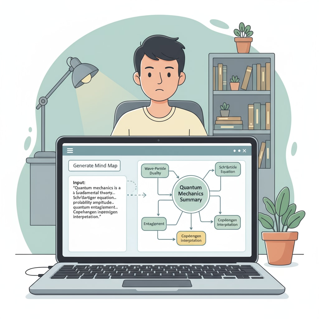 A student is using a laptop with the ChatGPT interface open. They are in the process of inputting study material text and generating a mind map structure from the summarized content. A student using ChatGPT to create a mind map for study