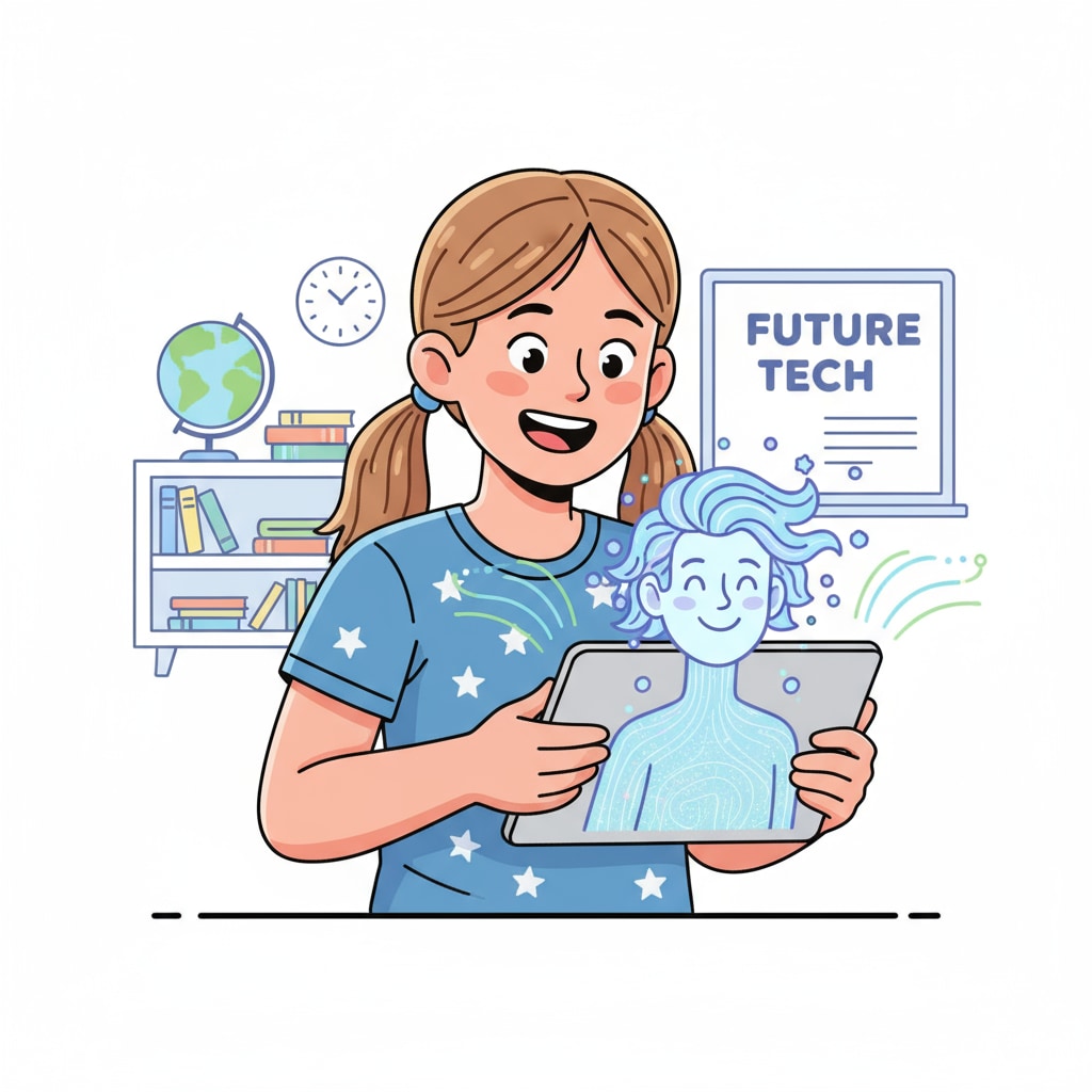 A young girl is showing great interest while looking at an AI-generated avatar on her tablet, with a big smile on her face. A girl exploring an AI avatar on a tablet, representing child's technological exploration.
