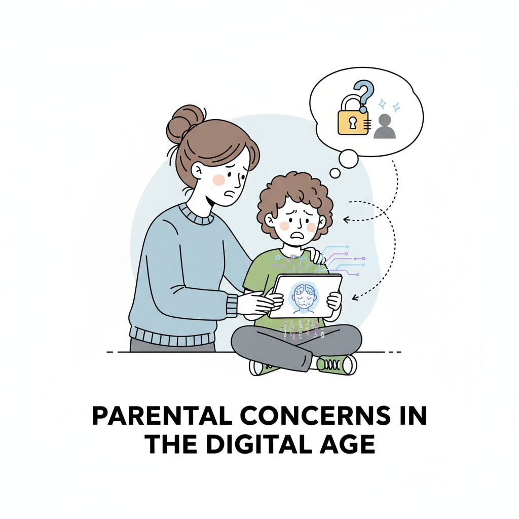 A parent is looking at a child using a device with an AI avatar on the screen, with a worried expression, highlighting parental concerns. A worried parent observing a child's interaction with an AI avatar, depicting child safety concerns.