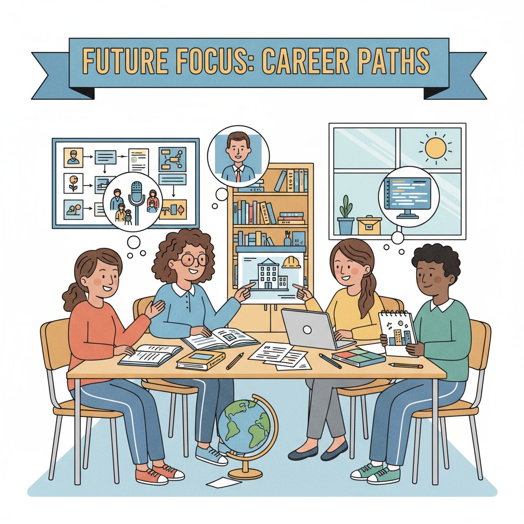 A group of students are sitting around a table in a classroom, animatedly discussing their career aspirations, with books and papers scattered on the table. Students discussing future careers in a classroom related to grades, employment, and students