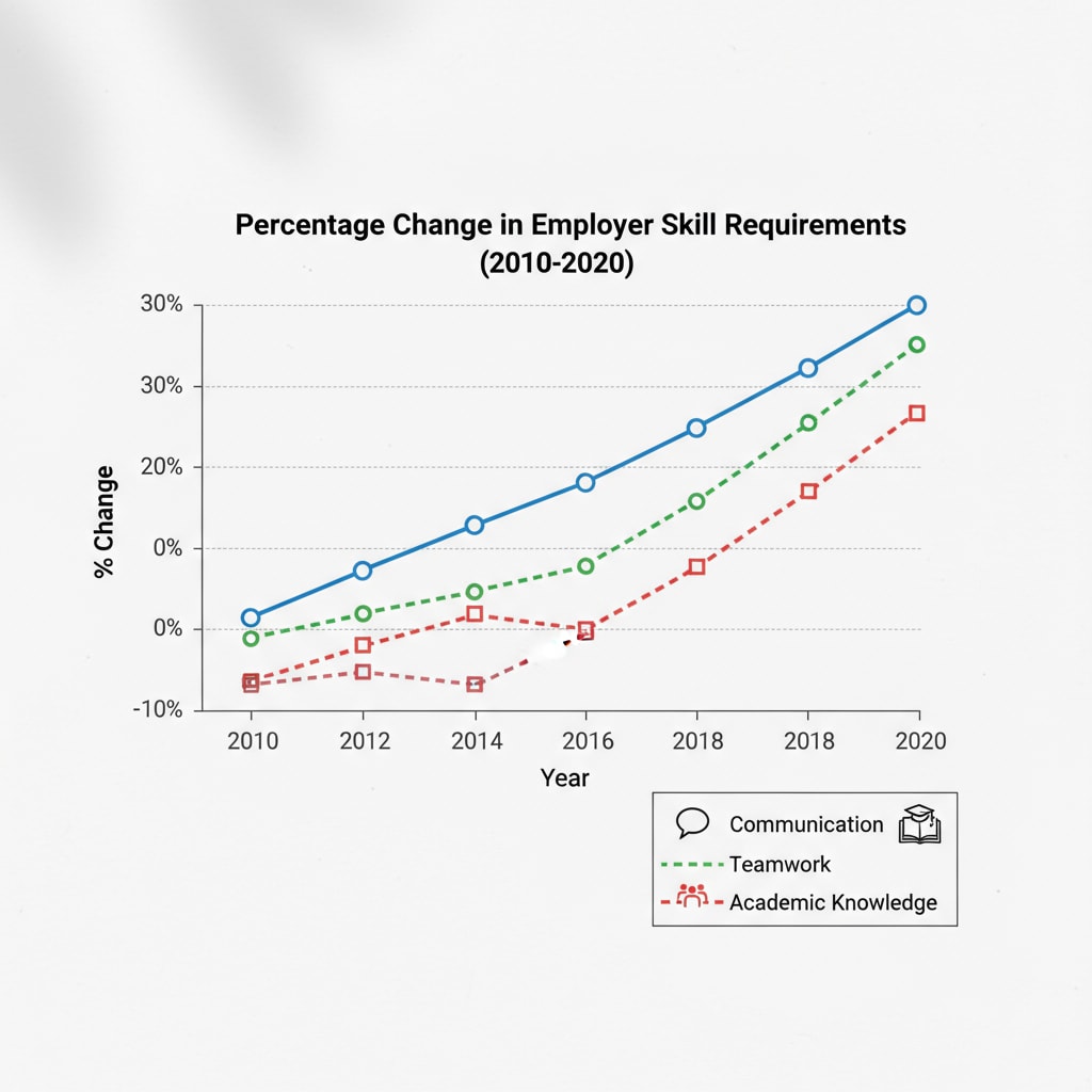 A line graph showing the percentage change in employer requirements for different skills (such as academic knowledge, communication, teamwork) over a decade. Graph showing changing employer requirements related to grades, employment, and students