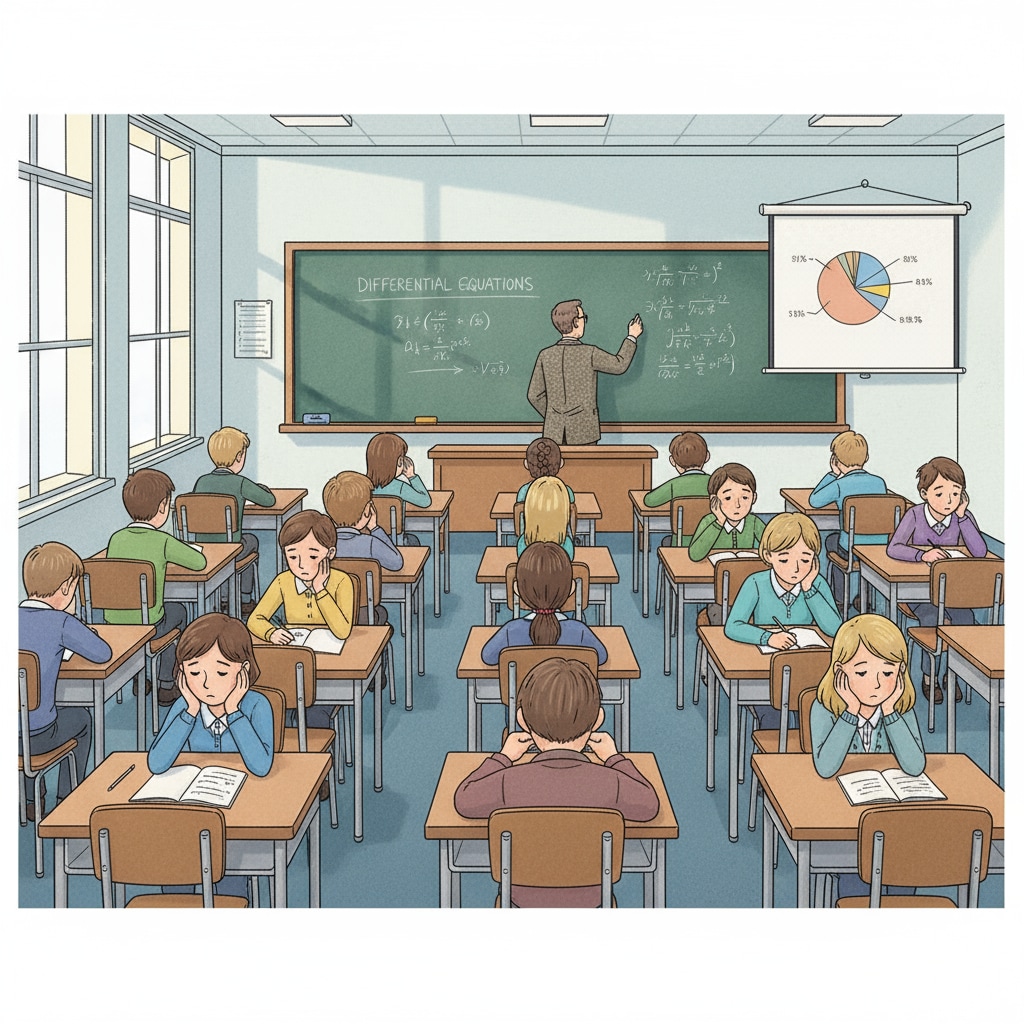 A classroom scene where students are sitting in rows, looking bored during a traditional lecture. The teacher is standing at the front, writing on the board. Bored students in a traditional classroom setting related to educational system, teaching methods, and student engagement