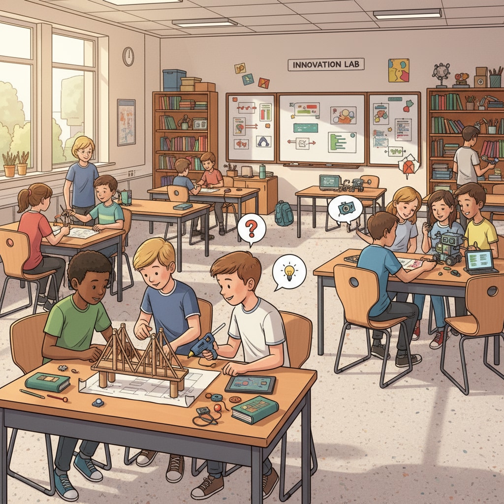 A classroom with students divided into groups, actively working on a hands-on project. There are various materials on the desks, and students are collaborating and discussing. Students actively participating in a hands-on project in a classroom, highlighting educational system, teaching methods, and student engagement