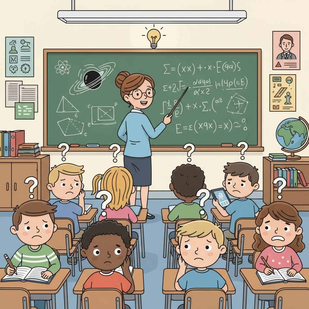 A classroom scene where students are looking confused while the teacher is writing on the board. Students expressing confusion about the practicality of school education during a class.