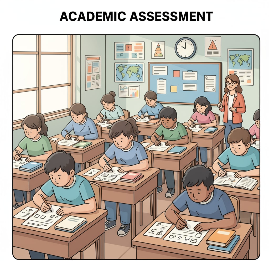A classroom scene where students are sitting at their desks, focused on answering questions on a test paper. Students taking a traditional educational assessment test to measure their knowledge.