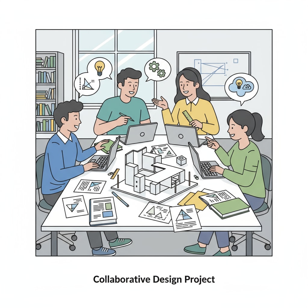 A group of students are gathered around a table, discussing and collaborating on a project. They have papers, models, and laptops in front of them. Students engaged in a project - based assessment to showcase their competencies.