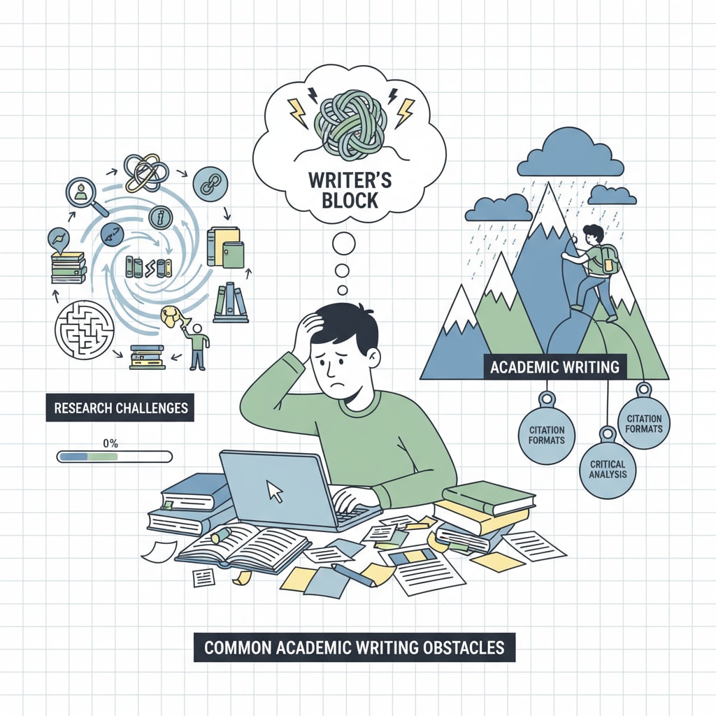 A visual illustration showing the difficulties students face in academic writing, such as writer's block and research challenges. A visual representation of academic writing challenges related to Lawessaypros, legitimacy, and essay代写